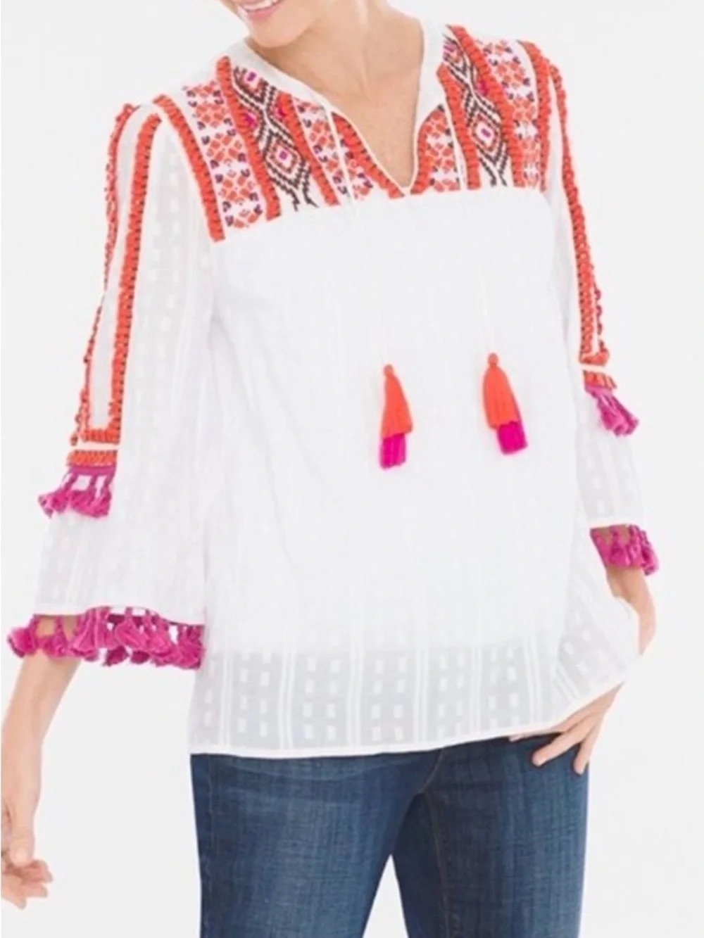 Chico's White Tunic with Orange & Pink Embroidery and Tassels